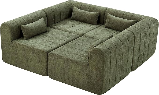 145.5 Inch Modular Full-Compressed Sectional SofaBeige Polyester Upholstered Modular Sofa with 4 PiecesCompressed Sponge Modular Couch for Living Room (Green#81)
