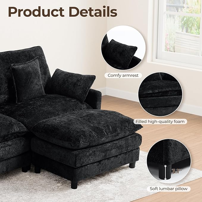 113'' L Shaped Cloud Couch 4-Seater Modular Sectional Sofa with Double Layer Upholstered Seat Cushion Chenille Deep Seat Couches with Ottoman &amp Pillows for Living Room &amp Apartment Black