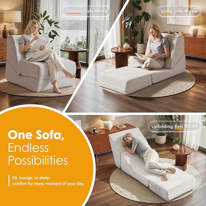Folding Sofa Bed Convertible Sleeper Chair with Back Support Multifunctional Chaise Lounge Chair Corduroy Single Floor Couch for Small Space Apartment Dorm Office White