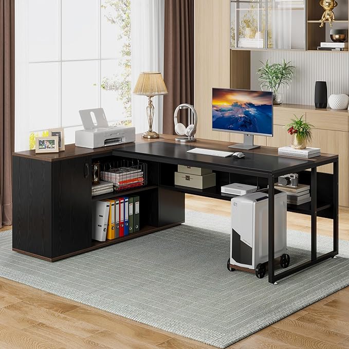 Tribesigns 71 inch Executive Desk L Shaped Desk with Cabinet Storage Executive Office Desk with Shelves Business Furniture Workstation for Home Office Black and Brown
