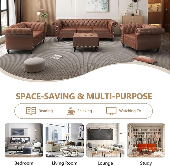Living Room Chair Modern Leather Chesterfield Sofa Chair Mid Century Single Sofa Couch Chair with Tufted Back and Rolled Arms Accent Sofa Chair for Living Room Apartment Brown