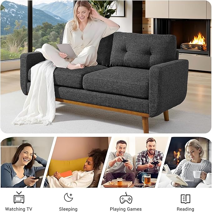 68“ Mid Century Modern Loveseat Sofa for Small Living Room Rraditional 2 Seater Couch for Office Apartment Bedroom Mini|Small|Vintage|Wood Frame|Chenille Fabric|600 LBS|Tufted (Dark Grey)