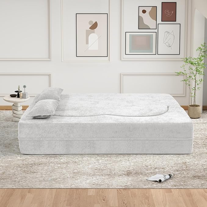 78 Convertible Sofa Bed with Pillows Queen Sleeper SofaFoam Folding Mattress Sleeper Modern Teddy Fabric Floor Cushion and Futon Chaise Lounge SofaFor ApartmentsGuest RoomsGuest UseCondoBeige