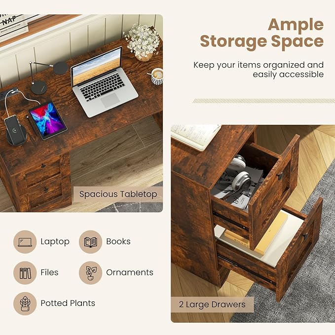 Computer Desk with Power Outlet and Drawers 43 Home Office Desks Farmhouse Writing Study Workstation for Teens Wooden Gaming Table Small Computer Desk for Small Spaces (Rustic Brown)
