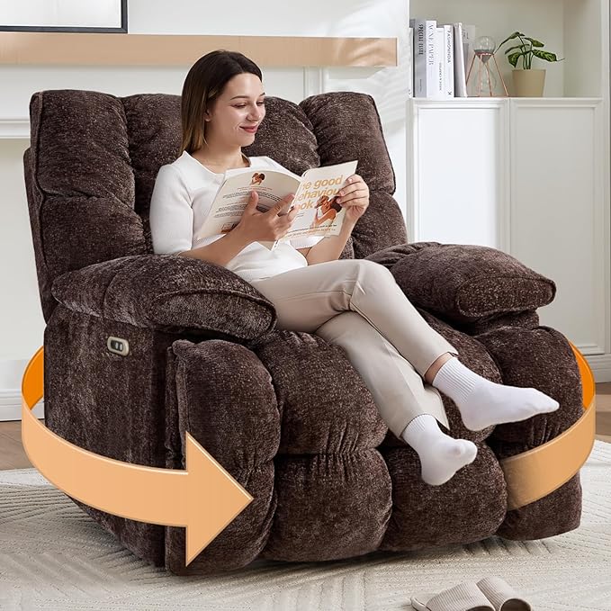 Oversized Power Swivel Rocker Recliner Chair for Big and Tall Electric Chenille Glider with USB Ports Extra Wide Overstuffed Reclining Sofa for Living Room Nursery 375lbs (Brown Power)