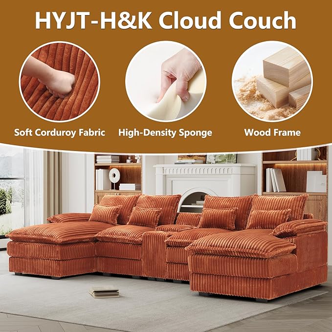 HYJT-H&ampK 124 U Shaped Cloud Couch Sectional Comfy Fluffy Plush Corduroy Orange Sectional Couches for Living Room Modern Modular Corduroy Couch Sectionals with Central Console &amp Double Chais
