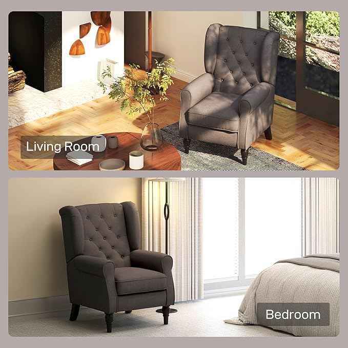 HOMCOM Mid-Century Modern Accent Chair High Wingback Chair Button-Tufted Upholstered Fabric Armchair with Retro Wood Legs for Living Room Bedroom Dark Brown