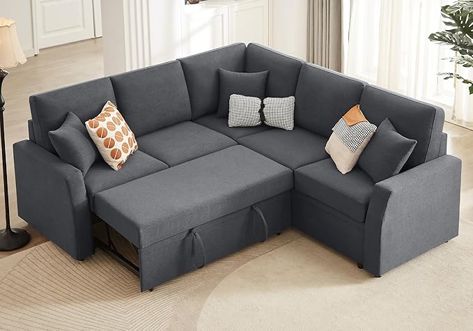 AMERLIFE Sofa Bed 85 Inch Reversible L Shape Couch with Pull Out Bed &amp Storage Seat Oversized Sectional Sleeper Bed for Living Room Apartment Grey Linen Sleeper Sofa Couch