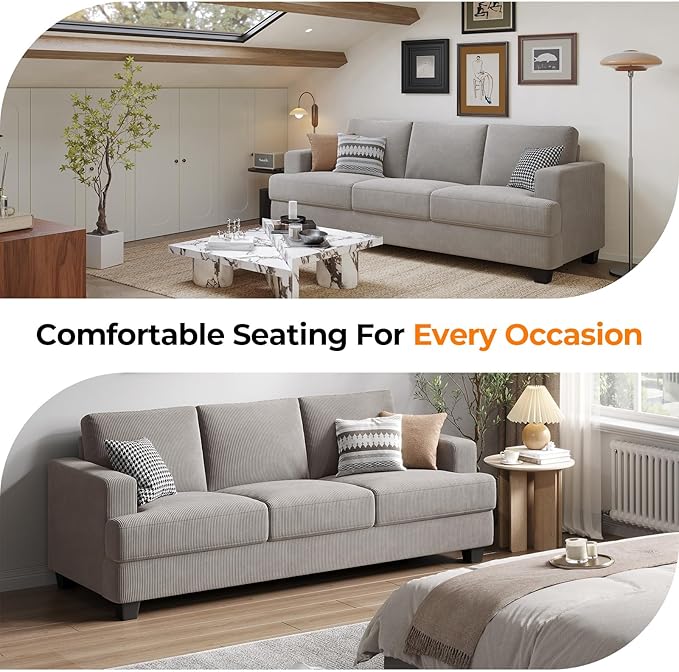 89 Inch Sofa with Extra Deep Seats Oversize 3 Seater Sofa for Living Room Modern Couch and Sofa Comfy Armrests and Seats and Backrests Easy Installation Corduroy Fabric Light Grey