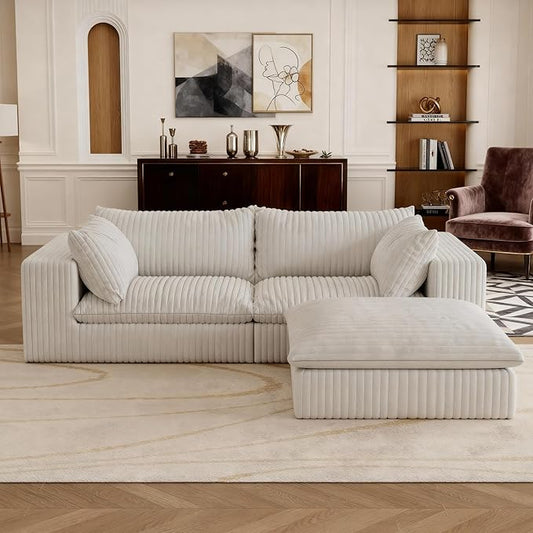 Boneless Corduroy Modular Couch with Ottoman 78.8 Comfy Cloud Couch for Small Spaces Deep Seat &amp Memory Foam No Assembly Required Compression Couches for Small Spaces (White - Ottoman) | Fluf