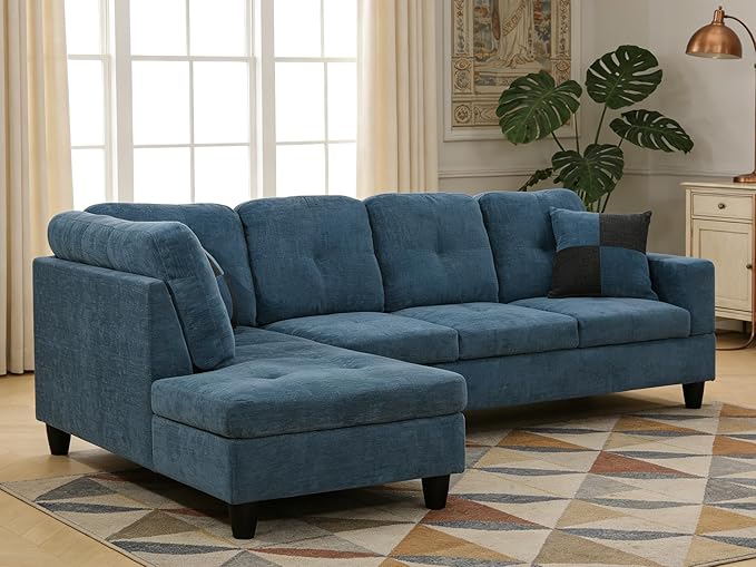 103.5 Inch Modern L-Shaped Couch Flannel Sectional Sofa with Chaise Lounge 4-Seater Couch with Accent Pillows for Living Room Apartment Dark Blue