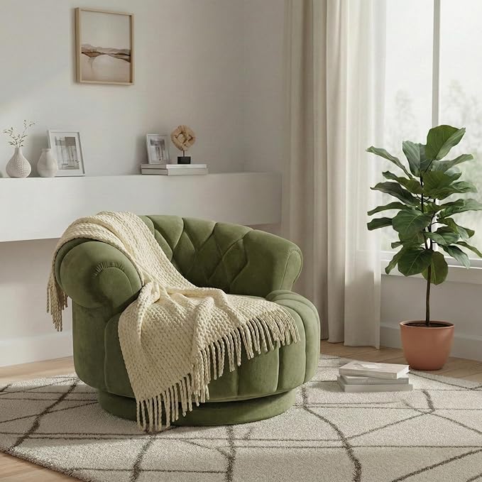 Luxury Swivel Accent Chair Oversized 31 Round Cuddle Chair with 360° Smooth Rotation Modern Channel Tufted Back Thick Padding for Living Room Bedroom Easy Assembly - Sage Green