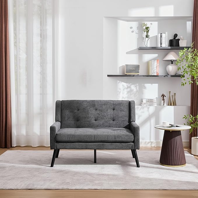 Mid-Century 47 Small Loveseat Sofa Plush Linen Fabric with Button Tufted High Back and Solid Wood Legs for Apartment Living Room Bedroom Home Office (Dark Grey 2-Seater)