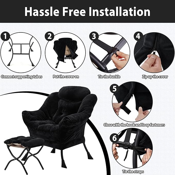 Lazy Chair with Folding Ottoman Accent Chair Plush Upholstered with Metal Structure and Non-Slip Pads Sofa Armchair with Footrest and Side Storage Bag for Dorm Room Office Black