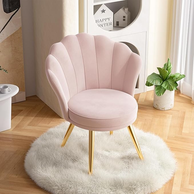 Velvet Accent Chair with Gold Metal Legs Vanity Chair for Makeup Room Upholstered Guest Chair for Living Room for Bedroom Light Pink