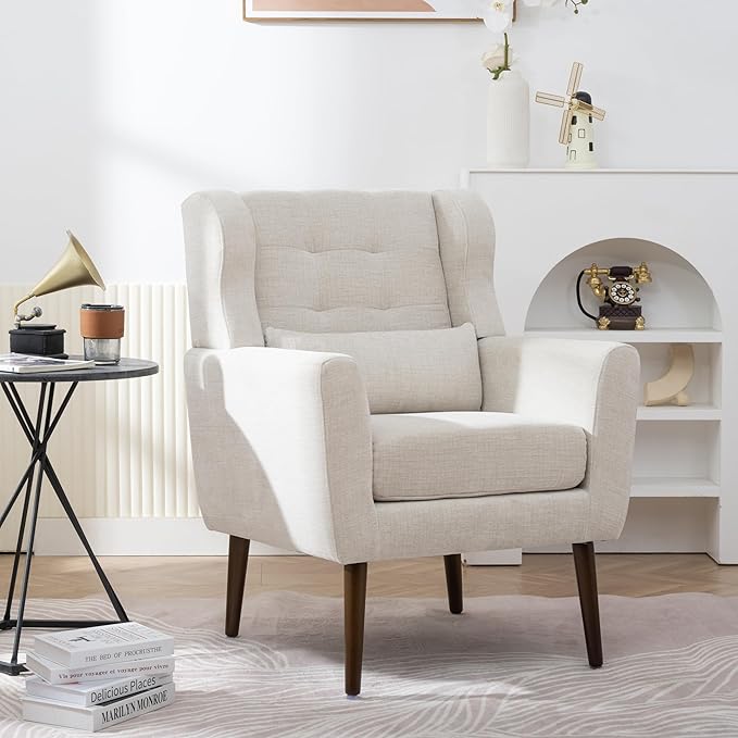Livavege Mid Century Accent Chair with Wood Frame Chenille Fabric Modern Upholstered Lounge Reading Living Room Armchair w/Waist Cushion Comfy Single Sofa for Bedroom Sunroom