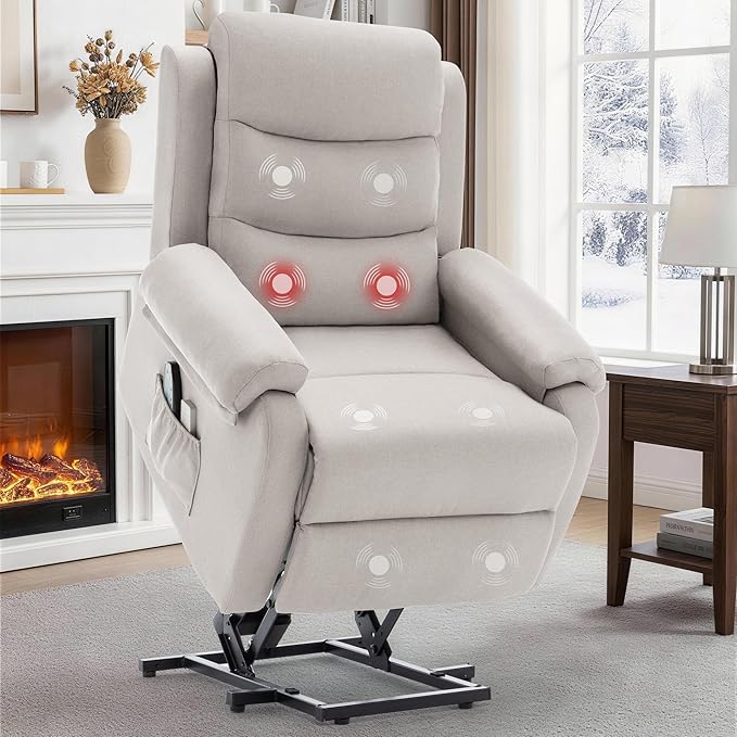 Power Lift Recliner Chair with Massage and Heat for Elderly Electric Lift Chair for Adults Small Recliner for Living Room Reading Room Recliner Saves Your Favorite Position Beige