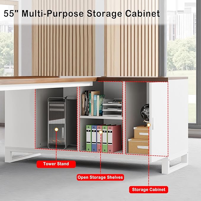 Oigavfd 70.8 L Shape Executive Desk with File Cabinet and Printer Stand L Shaped Computer Desk with Storage and Metal Frame Corner Desk for Home Office (Walnut White)
