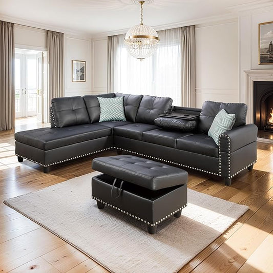 Livavege 98 Faux Leather Sectional Sofa with Chaise Lounge Storage Ottoman 2 Cup Holders &amp Pillows 6-Seater Upholstered Tufting Corner L Shape Couches for Living Room Furniture Sets Apartment