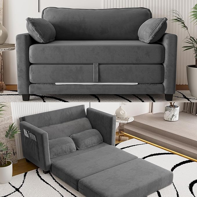 Convertible Sofa Bed Loveseat Sleeper Sofa with Side Storage &amp Solid Wood Frame Corduroy Small Couch Bed for Small Space Pull Out Floor Couch for Apartment Guest (Grey 51)