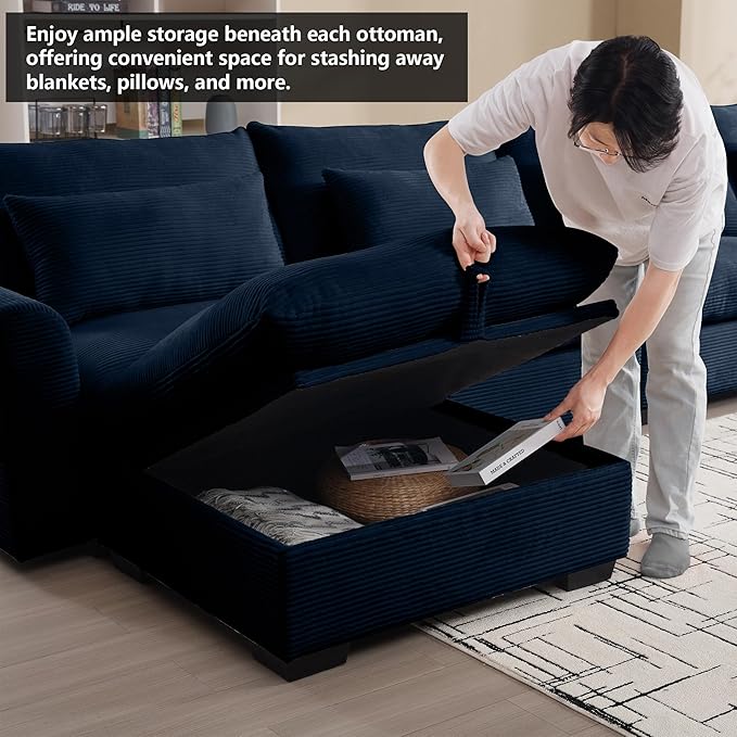 Corduroy Deep Seat Upholstered Couches Ottoman for Oversized Modular Sectional Sofa Storage Blue