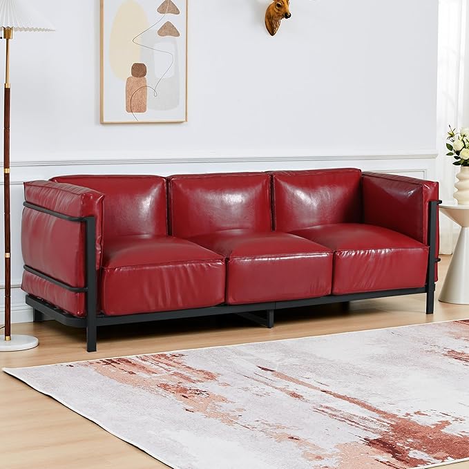 QHITTY 3 Seater Sofa Mid-Century Modern Upholstered Couch Chair Faux Leather Sofa Couch with Iron Frame and Upholstered Armrest Backrest Cushion for Living Room Office Apartment (Burgundy)