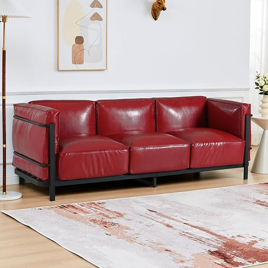 QHITTY 3 Seater Sofa Mid-Century Modern Upholstered Couch Chair Faux Leather Sofa Couch with Iron Frame and Upholstered Armrest Backrest Cushion for Living Room Office Apartment (Burgundy)
