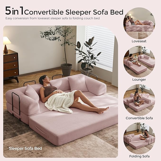 79 Floor Sofa Bed Convertible 5-in-1 Sleeper Sofa with Non-Slip Base Corduroy Couch Expandable Design No Tools Needed for Home Guest Room (Pink)