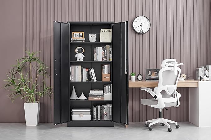Metal Storage Cabinet with Adjustable Shelves Garage Cabinet with 2 Lockable Doors Garage Storage Cabinet Kitchen Pantry Cabinet - 71'H Black