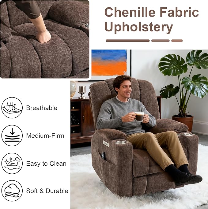 Power Lift Recliner Chair for Eldery Chenille Electric Recliner Chairs with Massage and Heat Remote Control Standing Assistance Lay Flat Recliner Sofa for Living Room Medium-FirmBrown