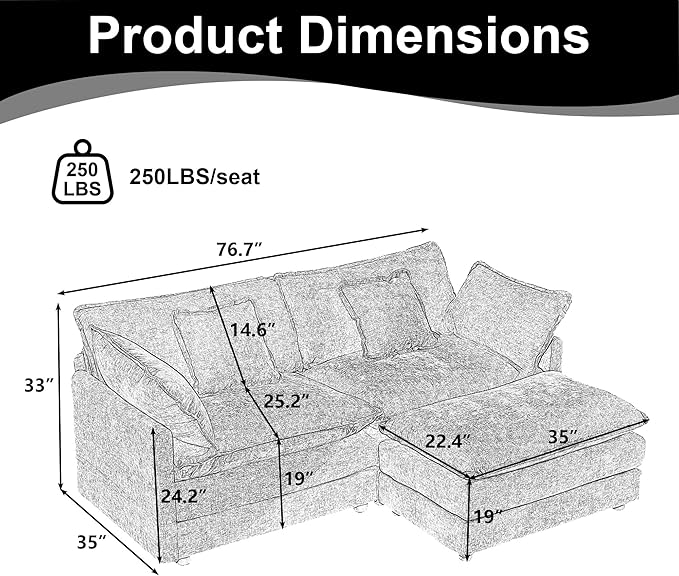 GNIXUU 76.7 Green L Shaped Cloud Couch Modern Chenille Modular 2 Seater Loveseat Sofa with Movable Ottoman Deep Seat Sectional Couch with Pillows for Small Place Living Room Apartment Office