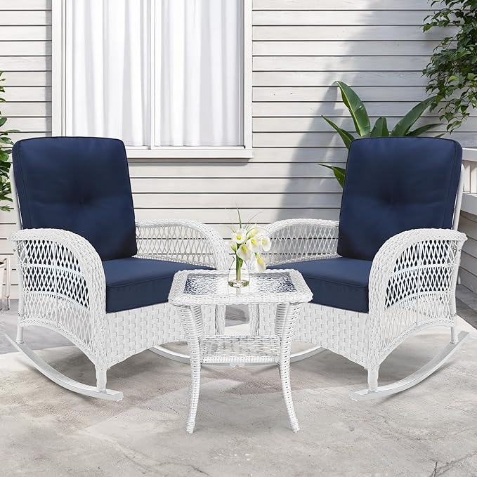 VIVIJASON 3-Piece Outdoor Conversation Bistro Set Patio Wicker Rocking Chairs Rattan Furniture Sets w/ 2 Rattan Chairs Cushions Glass Top Side Table for Garden Porch Backyard (White/Navy Blue)