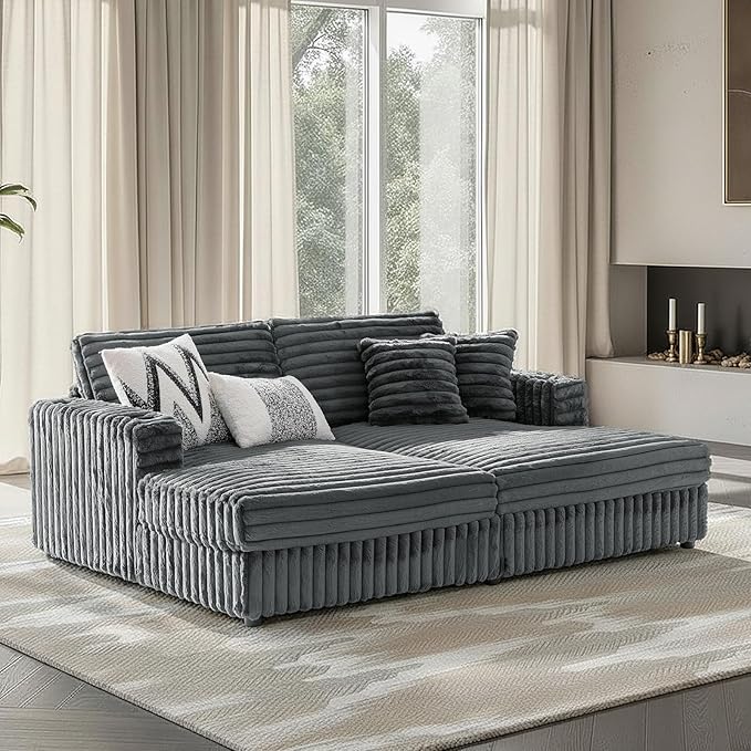 HULALA HOME 88 Double Chaise Lounge Sofa with USB Port and Cup Holder Oversized Cloud Couch with Faux Rabbit Fur Deep Seat Sleeper Sofa Bed for Living Room Bedroom Grey