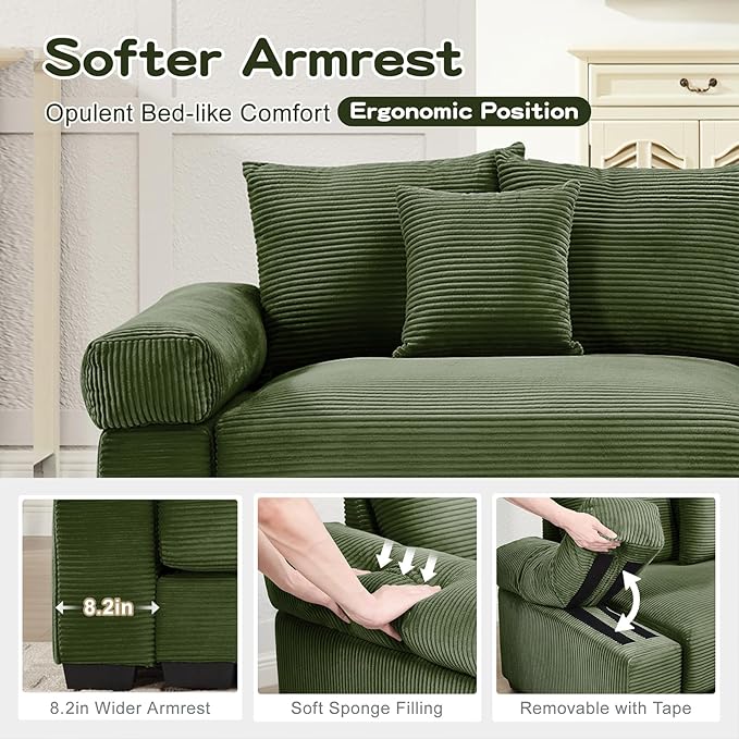 54 Corduroy Sectional Couches for Living Room Green Comfortable Oversized Sectional Sofa Set with Deep Seat Large Single Sofa Sofas para Sala Modern Corduroy Couch Set