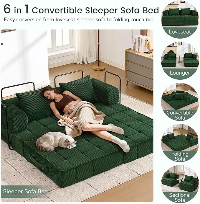 6-in-1 Convertible Sleeper Sofa Bed Corduroy Folding Mattress Couch with Fixed-Shape Frame Modular Foldable Boneless Couch Loveseat Couches with 2 Pillows for Living Room Bedroom Green