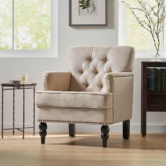 VERYKE Accent ChairTufted High Back Single Sofa Chair with Naihead DesignUpholstered Chair with Arms and Cushion PaddedLiving Room Chair with Turned Legs for BedroomHome Office (Fabric Beige)