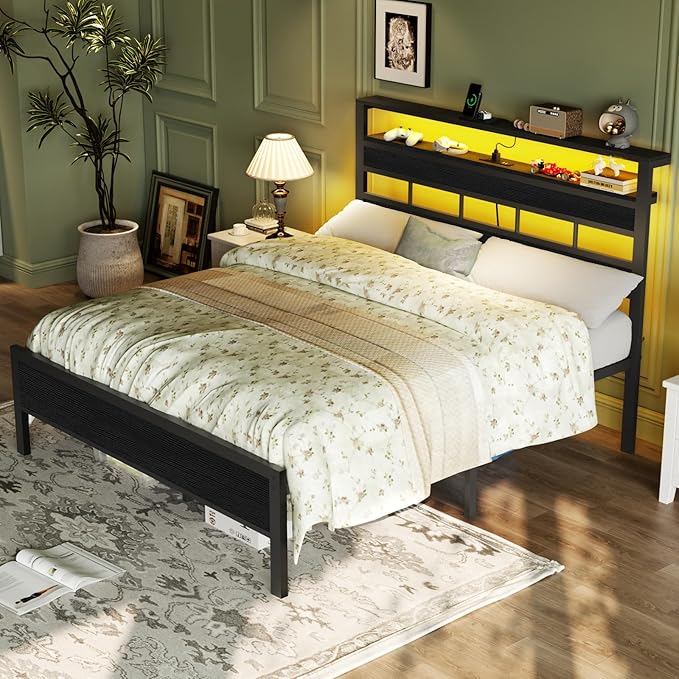 Furnulem Full Size Bed Frame with LED Light and Charging Station Wood Storage Headboard with 2-Tier Shelves Metal Platform Bed with Heavy Duty Slats Support No Box Spring Needed Black Oak