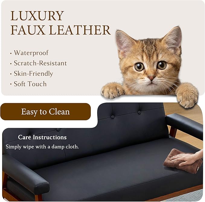 STHOUYN 50”W Black Faux Leather Small Office Couch Loveseat Sofa with Wood Arms Mid Century Modern Love Seat Sofas Lounge Armchair Living Room Bedroom (Black (loveseat))