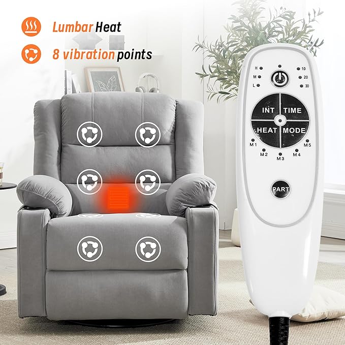 360°Swivel Rocker Recliner Chair for AdultsManual Glider Recliner Sofa with Massage and Heating Nursery Rocking Chairs with Cup Holds for Living Room Bedroom (Light Grey)