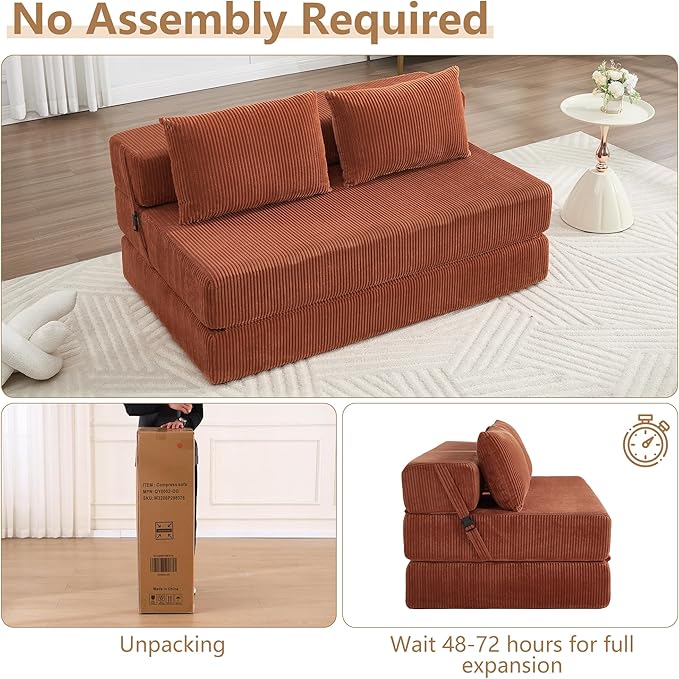 KIVENJAJA Folding Sofa Bed Full Size 3-in-1 Convertible Sleeper Sofa Corduroy Foldable Boneless Floor Futon Couch with Backrest &amp Pillows for Home Living Room Office Apartment Small Spaces Oran