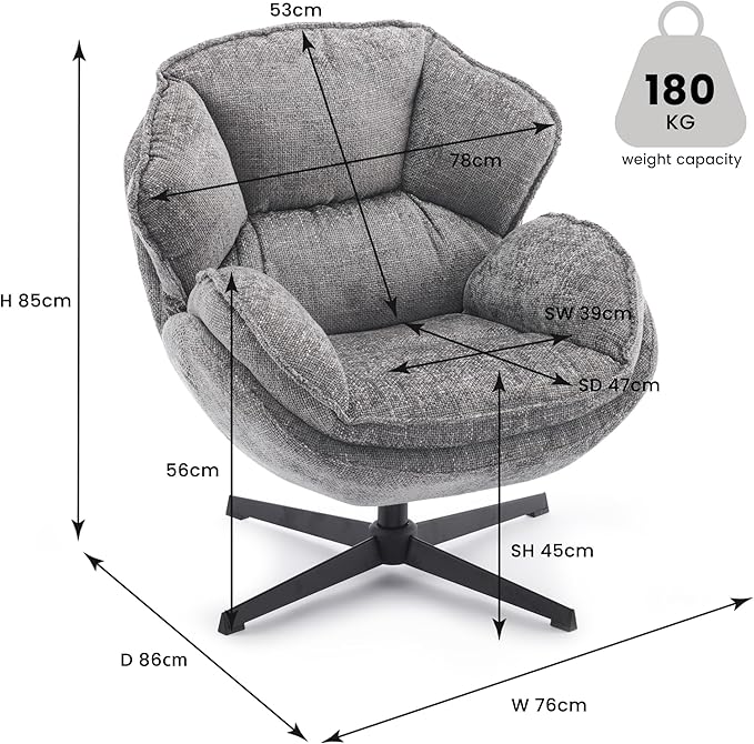 IWMH Swivel Accent Chair for Living Room Upholstered Armchair with Metal Legs Lounge Sofa Chair Comfy Leisure Chairs for Bedroom Reading (Gray)