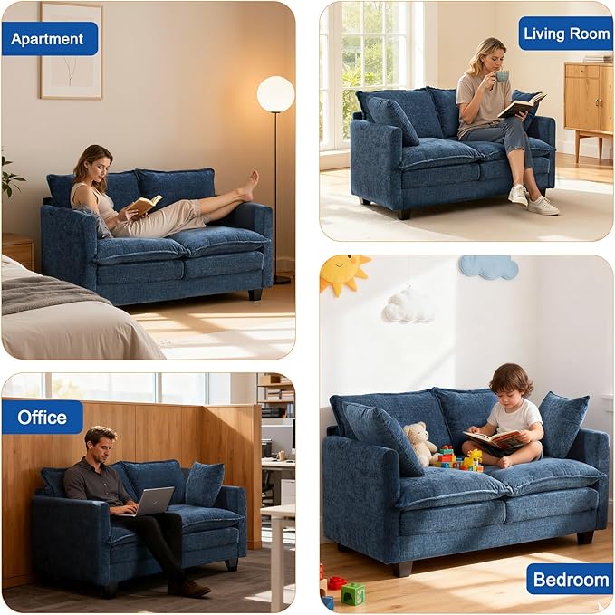 Loveseat Sofa Cloud Sofa Couch 50'' Modern Loveseats 2 Seat Couch 27 Deep Seat with 2 Pillows for Small Spaces Apartment Studio Office Bedroom Living Room 8834-BLUE