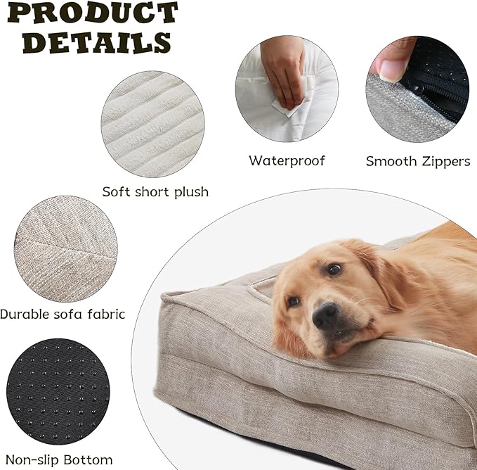 WINDRACING Orthopedic Dog Beds for Large Dogs Waterproof Egg Foam Dog Sofa Bed with L Bolster Sides Washable XLarge Pet Bed with Removable Cover &amp Non-Slip Bottom 40 x 28 inch Beige