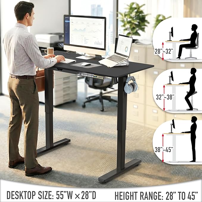 SHW 55 x 28 Inches Electric Height Adjustable Standing Desk with Drawer and Memory Preset Black