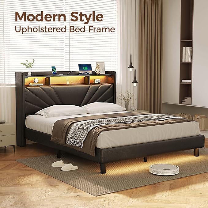 Rolanstar Queen Size Bed Frame Storage Headboard with Charging Station and LED Lights Upholstered Bed with Heavy Duty Wood Slats No Box Spring Needed Noise Free Easy Assembly Black
