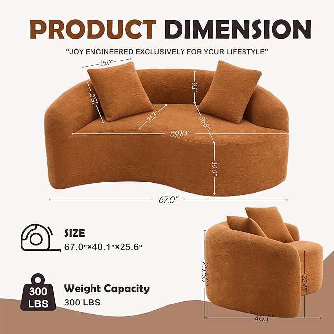 Luxury Modern Chenille Sectional Sofa Tai Chi Curved Compression Couch Boucle Cozy Soft Loveseat for Living Room Apartment Office (Orange)