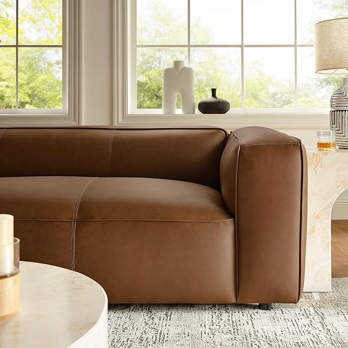 Modway Auren Vegan Leather Sofa in Coffee - Faux Leather Couch - Comfy Modern PU Leather Sofa - Oversized Mid Century Modern Couch for Living Room Apartment Loft
