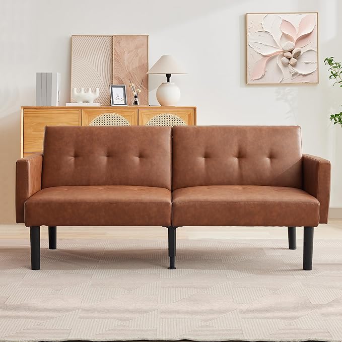 Garvee 75.5 Convertible Futon Sofa Bed PU Leather Upholstered Futon Couch with Strong Legs Mid Century Modern Sleeper Sofa Comfy Loveseat for Living Room Bedroom Dorm Brown
