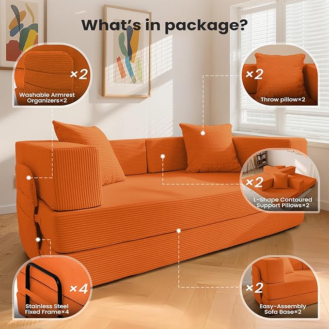 5‑in‑1 Futon Sofa Bed Queen–Floor Foldable Convertible Sofa Couch with L‑Shaped Armrests Removable Cover Orange Convertible Guest Bed | Space‑Saving Fold‑Out Mattress Lounge for Living Room/Bedroom