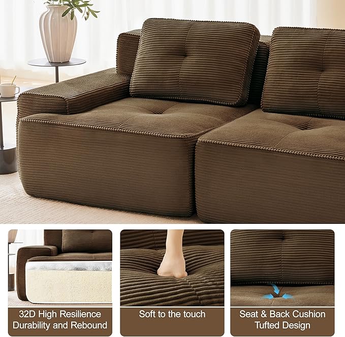 Boneless Couch Modular Sectional Sofa 117 Modern Cloud Couch with Deep Seat Comfy Corduroy U Shaped Sectional Couches for Living Room 3 Seater Tufted Floor Sofa with Movable Ottoman Brown